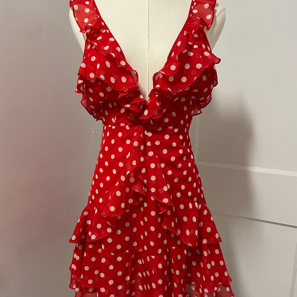 Red Polka Dot Ruffle Dress XS